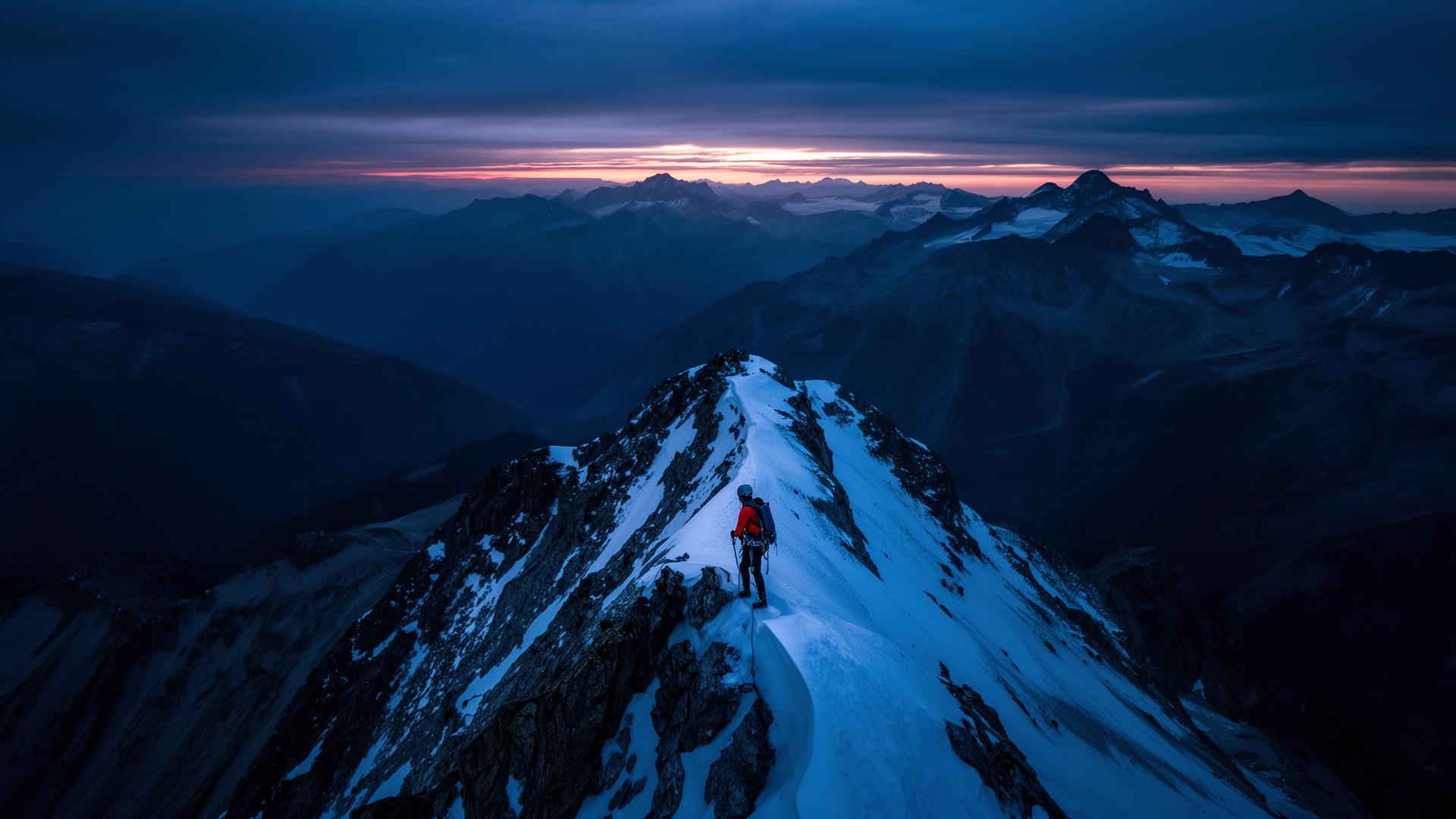 Sommet de montagne au lever du jour, image d'ouverture de l'agence digitale ambiition.